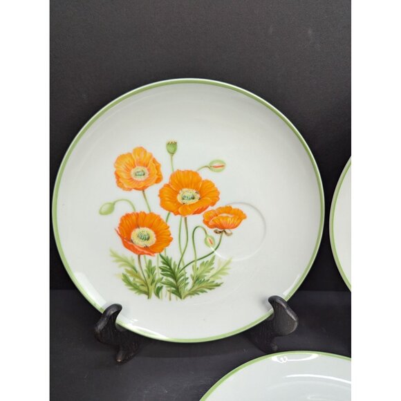 Norleans Japan 8 1/4 " Snack Plate Orange Poppy Flower Design Set of 3 No Cups - Picture 1 of 8